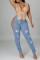 Baby Blue Sexy Casual Solid Ripped Hollowed Out Frenulum Mid Waist Skinny Denim Jeans