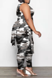 Blue Fashion Camouflage Print Patchwork O Neck Plus Size Two Pieces