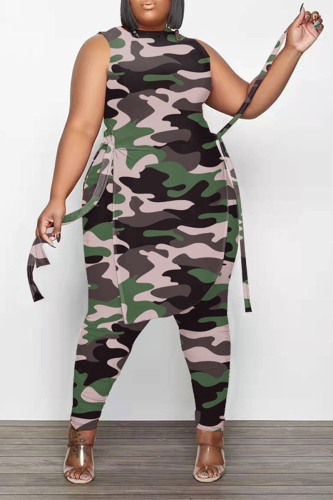 Green Fashion Camouflage Print Patchwork O Neck Plus Size Two Pieces