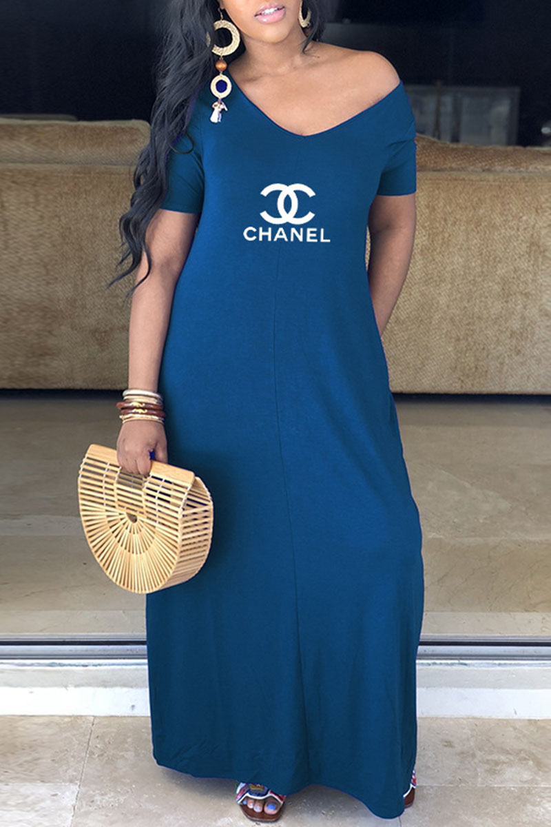 

Blue Fashion Casual Letter Split Joint V Neck A Line Dresses