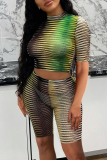 Green Fashion Sexy Gradual Change Not Positioning Printed See-through Half A Turtleneck Short Sleeve Two Pieces