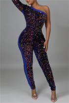 Blue Fashion Sexy Patchwork Sequins Backless Oblique Collar Skinny Jumpsuits