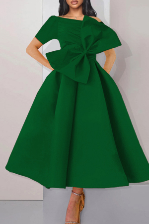 Ink Green Fashion Solid Split Joint With Bow Oblique Collar Evening Dress