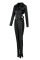 Black Sexy Solid Split Joint Buckle Slit Asymmetrical Turndown Collar Long Sleeve Two Pieces