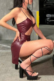 Burgundy Sexy Solid Hollowed Out Split Joint Backless Slit Spaghetti Strap Sling Dress Dresses