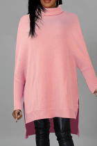 Pink Fashion Casual Solid Slit Turtleneck Tops