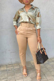 Khaki Casual Solid Patchwork Regular High Waist Pencil Solid Color Bottoms