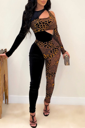 Black Fashion Sexy Patchwork Print Hollowed Out O Neck Skinny Jumpsuits