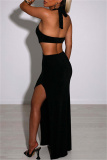Black Sexy Solid Hollowed Out Backless Slit Halter Long Dress