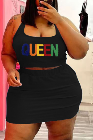 Black Casual Print Patchwork U Neck Pencil Skirt Plus Size Two Pieces