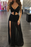 Black Sexy Solid Hollowed Out Patchwork See-through Knotted Spaghetti Strap Sling Dress Dresses