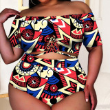 Multicolor Sexy Print Hollowed Out Backless Off the Shoulder Plus Size Swimwear