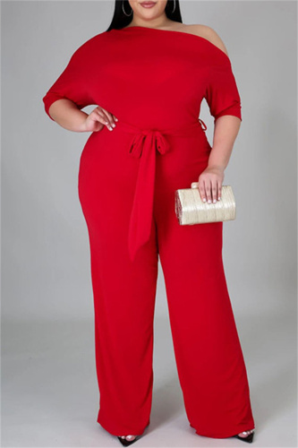 Red Fashion Casual Solid Basic Oblique Collar Plus Size Jumpsuits