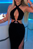 Black Sexy Solid Hollowed Out Backless Slit Halter Long Dress