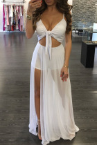 White Sexy Solid Hollowed Out Split Joint See-through Knotted Spaghetti Strap Sling Dress Dresses