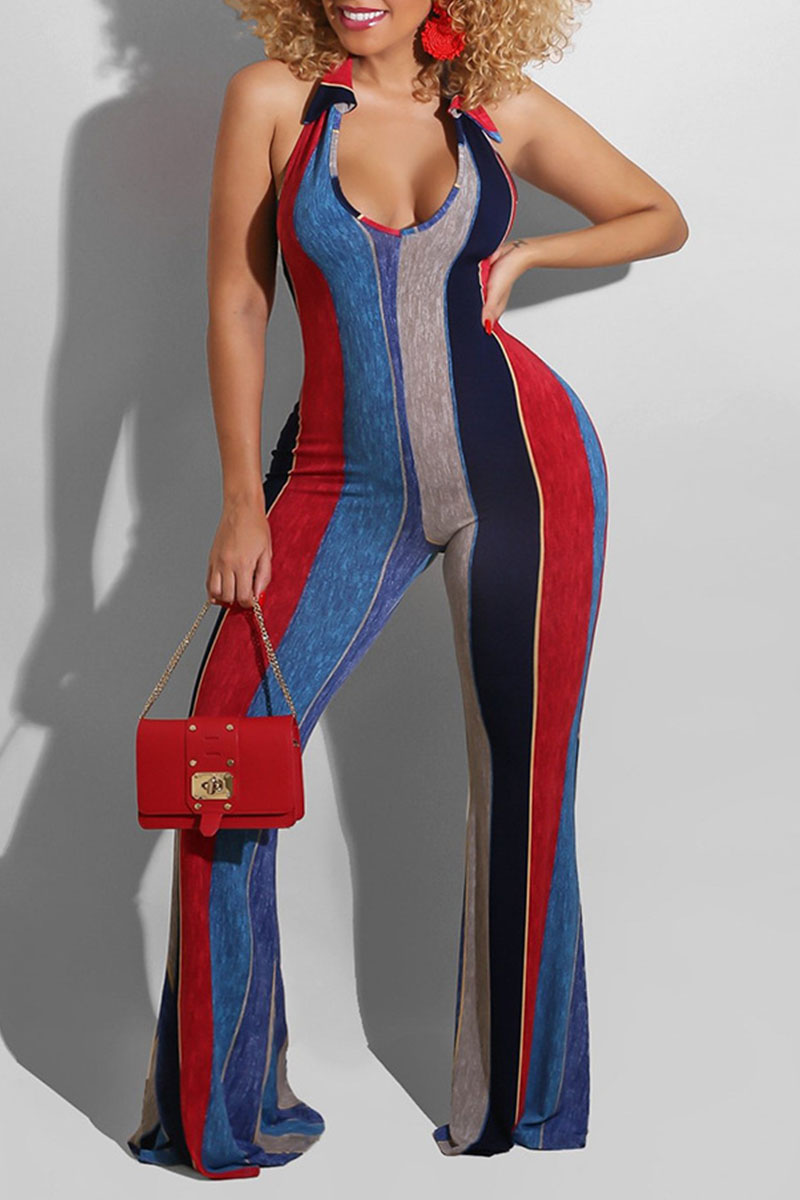 

Red Sexy Striped Print Bandage Patchwork Backless Halter Boot Cut Jumpsuits
