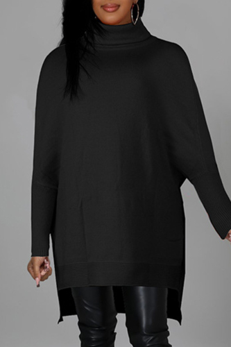 Black Fashion Casual Solid Slit Turtleneck Tops