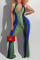 Blue Sexy Striped Print Bandage Split Joint Backless Halter Boot Cut Jumpsuits