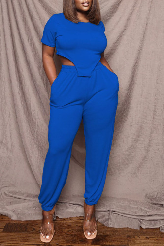 Blue Casual Solid Patchwork Asymmetrical O Neck Short Sleeve Two Pieces