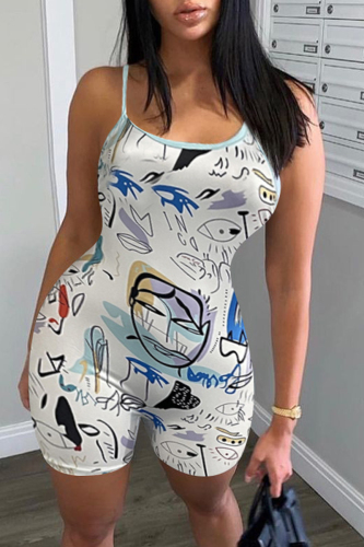 White Fashion Sexy Print Backless Spaghetti Strap Skinny Romper