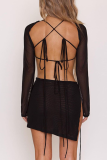 Black Sexy Solid Patchwork Halter Long Sleeve Two Pieces