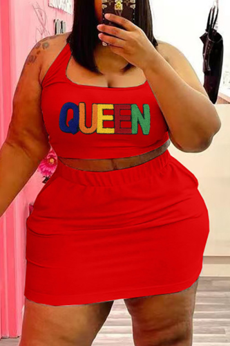 Red Casual Print Patchwork U Neck Pencil Skirt Plus Size Two Pieces