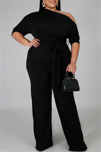Black Fashion Casual Solid Basic Oblique Collar Plus Size Jumpsuits