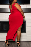 Red Fashion Sexy Hollowed Out Slit V Neck Long Sleeve Plus Size Dresses