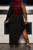Black Fashion Sexy Hollowed Out Slit V Neck Long Sleeve Plus Size Dresses