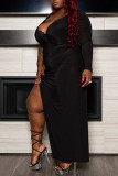 Black Fashion Sexy Hollowed Out Slit V Neck Long Sleeve Plus Size Dresses