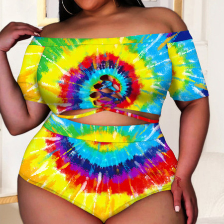 Light Blue Sexy Print Hollowed Out Backless Off the Shoulder Plus Size Swimwear