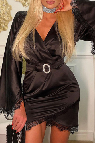 Black Fashion Sexy Solid Lace Patchwork With Belt V Neck Long Sleeve Dresses