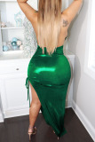 Green Sexy Solid Patchwork Backless Slit Halter Straight Dresses