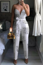 White Fashion Sexy Print Split Joint With Belt Strapless Straight Jumpsuits