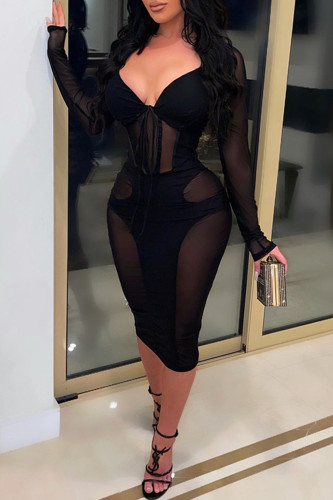 Black Fashion Sexy Patchwork Frenulum See-through V Neck Long Sleeve Dresses