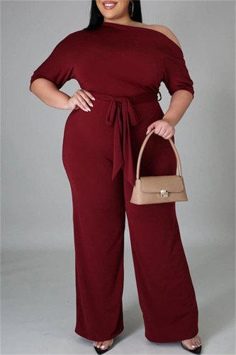 Burgundy Fashion Casual Solid Basic Oblique Collar Plus Size Jumpsuits