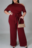 Red Fashion Casual Solid Basic Oblique Collar Plus Size Jumpsuits