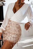 White Fashion Sexy Patchwork Sequins V Neck Long Sleeve Dresses