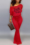 Red Casual Print Patchwork Oblique Collar Straight Jumpsuits