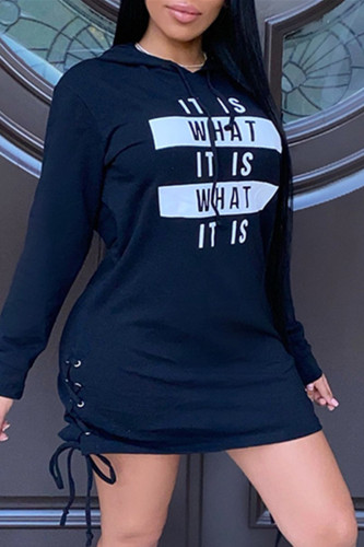 Black Fashion Casual Letter Print Frenulum Hooded Collar Long Sleeve Dresses