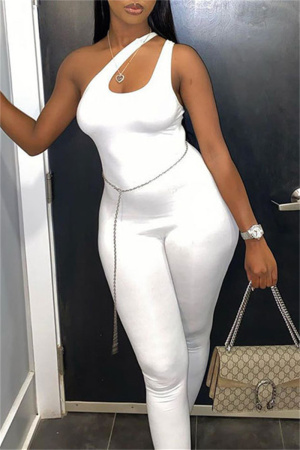 White Sexy Casual Solid Backless One Shoulder Skinny Jumpsuits