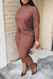Brown Casual Solid Patchwork O Neck Plus Size Two Pieces