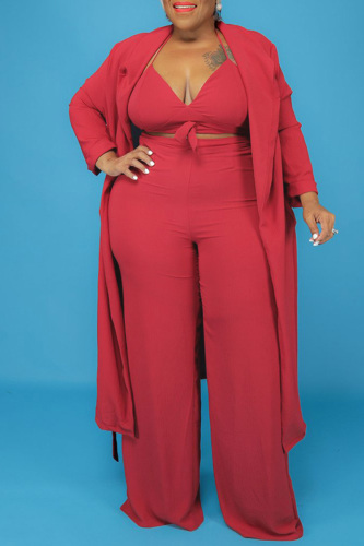 Red Fashion Casual Solid Bandage V Neck Plus Size Three-piece Set