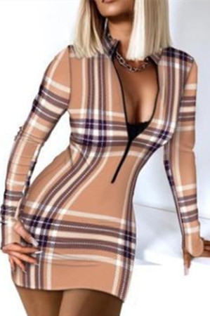 Khaki Fashion Casual Print Basic Zipper Collar Long Sleeve Dresses