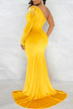 Yellow Fashion Sexy Patchwork Hot Drilling See-through Slit Oblique Collar Evening Dress