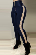 Deep Blue Fashion Casual Patchwork Sequins Skinny High Waist Pencil Trousers