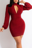 Burgundy Sexy Solid Hollowed Out Split Joint Half A Turtleneck One Step Skirt Dresses