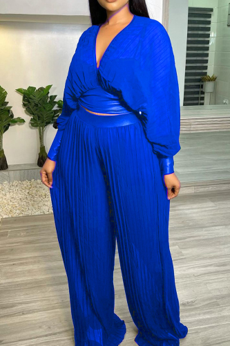 Blue Fashion Casual Solid See-through V Neck Long Sleeve Two Pieces