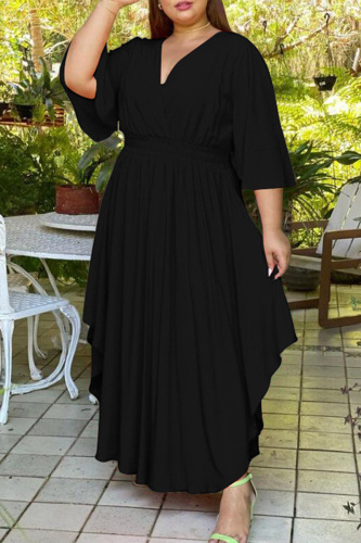 Black Fashion Casual Plus Size Solid Basic V Neck Lantern Sleeve Long Dress