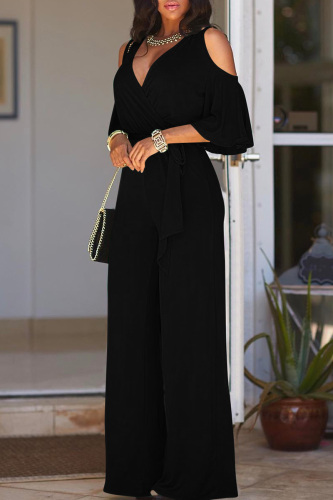 Black Fashion Casual Solid Hollowed Out V Neck Regular Jumpsuits